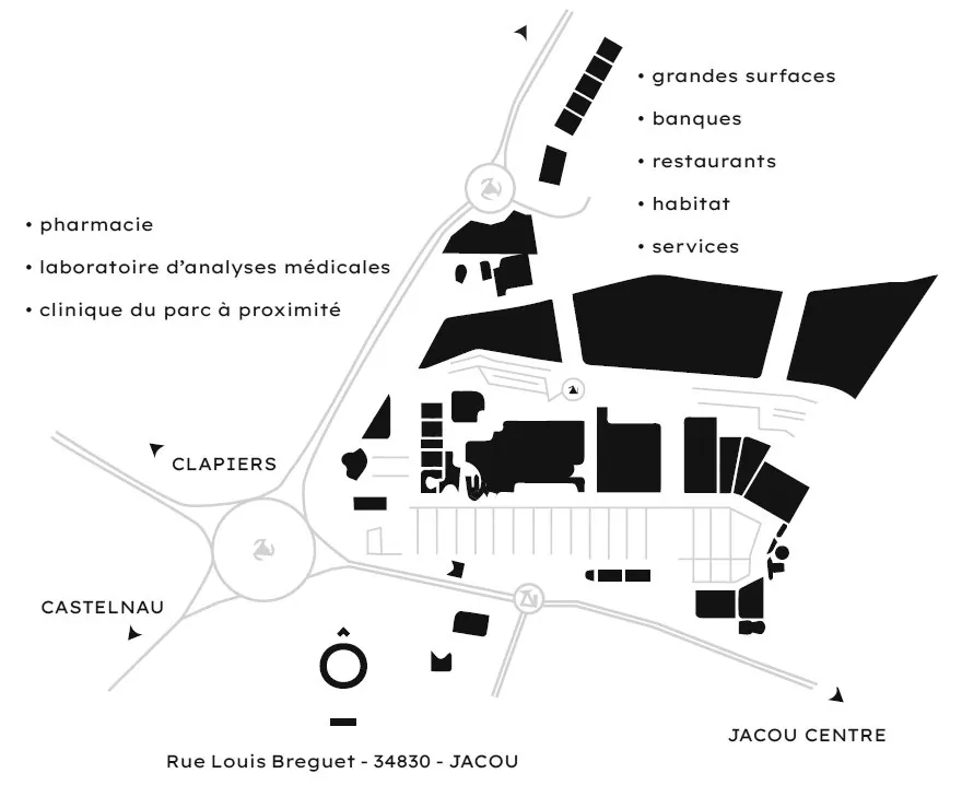 Plan de situation du Pôle Santé rue Louis Breguet à Jacou, entre Clapiers, Castelnau-le-Lez et le centre de Jacou